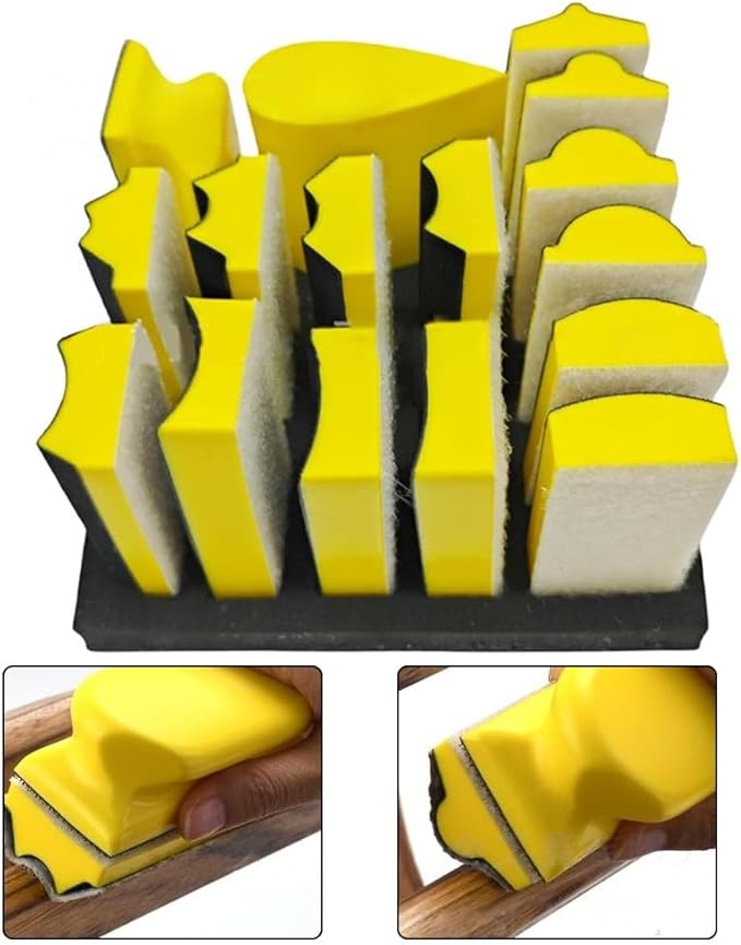 Complete Set of 16 Hand Sanding Blocks with 40 Aluminum Oxide Sandpaper Sheets, Designed for Wet and Dry Sanding on Various Surfaces Including Wood and Metal