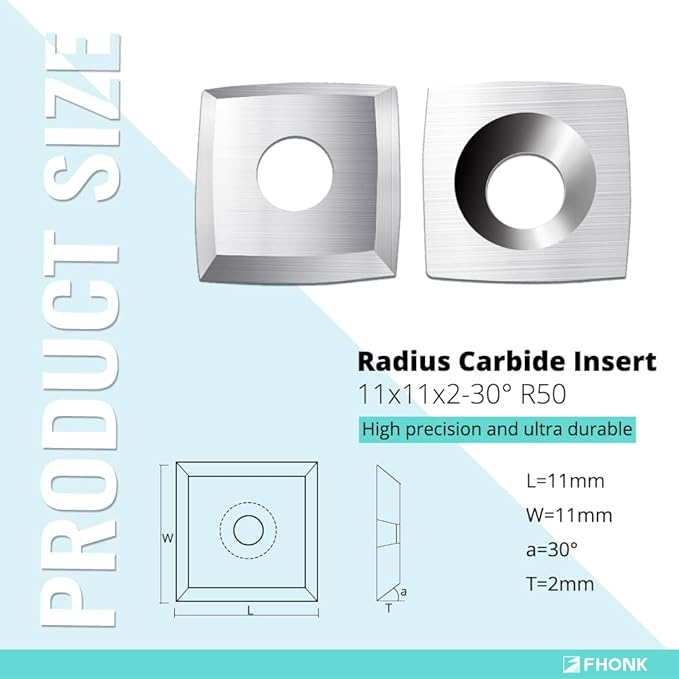 11mm Arc-edge Square Carbide Inserts Cutters, for Woodturning Replacement Cutter Knives, Fits Spiral, Helical Planer Cutter, Wood Lathe Turning Tool, 10-Pack (11x11x2.0-30째 R50)