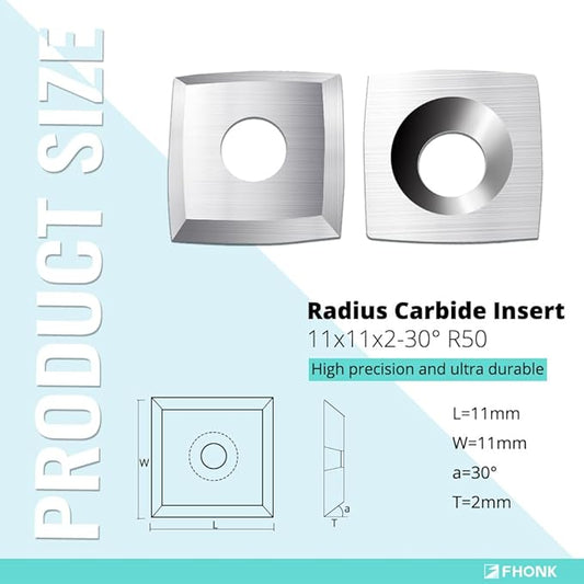 11mm Arc-edge Square Carbide Inserts Cutters, for Woodturning Replacement Cutter Knives, Fits Spiral, Helical Planer Cutter, Wood Lathe Turning Tool, 10-Pack (11x11x2.0-30째 R50)