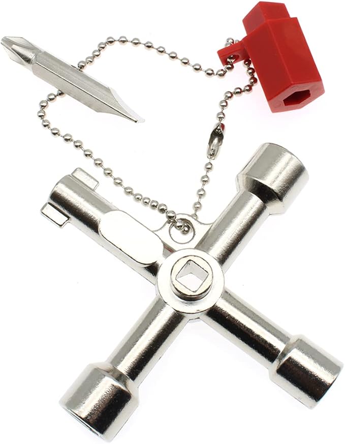 4 Way Cross Water Meter Key Zinc Alloy Multifunction Key, Universal Control Cabinet Key Torque Wrenches Cross Key With 1 Chain.
