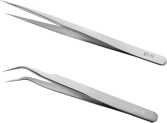 Ainiv Precision Tweezers Set, 2 Pcs Stainless Straight Curved Tweezers, Non-Magnetic Industrial Tweezers, for Craft, Electronics, Soldering, Medical and Experimental Work, Jewelry