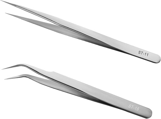 Ainiv Precision Tweezers Set, 2 Pcs Stainless Straight Curved Tweezers, Non-Magnetic Industrial Tweezers, for Craft, Electronics, Soldering, Medical and Experimental Work, Jewelry
