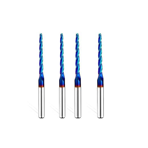 4PCS Ball Nose 1 Degree End Mill Cutter CNC Router Bits Spiral Milling Tool with Nano Blue Coating 1/8 Cutting Diameter 1/4 Inch Shank 3 Inch Overall Length STQ444
