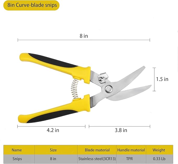 Tin Snips 8 Inch Heavy Duty Scissors Metal shears with Stainless Steel Curve-Blade Comfort Grips, Multifunction Cutting of Branches, Thin Iron, Cardboads