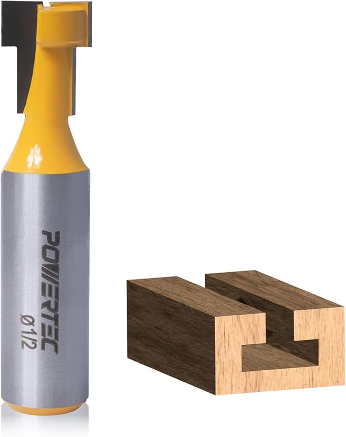 POWERTEC T Track Router Bit, Tungsten Carbide Tipped Router Bit, 1/2" Shank, 1/2" Dia., Slatwall for Picture Frames, T Track Accessories, Compatible with 1/4" T Bolts (73067)