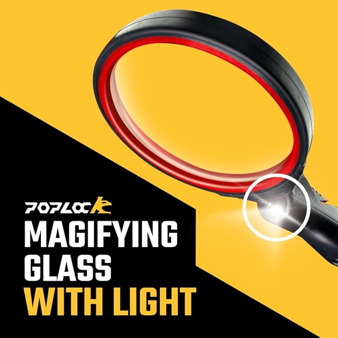 Poplock Lighted Magnifying Glass with LED, Anti-Distortion 3X Optical Lens for Reading and Work, Taiwan Made, Red