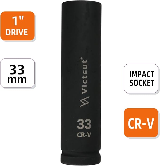 1-Inch Drive 33mm Extra Deep Impact Socket, 8-Inch (200mm) Long, 6-Point Truck & Trailer & Tractor Wheel Nut Socket, Heat Treated Cr-V Alloy Steel, One-Piece Forged, No Torque Loss