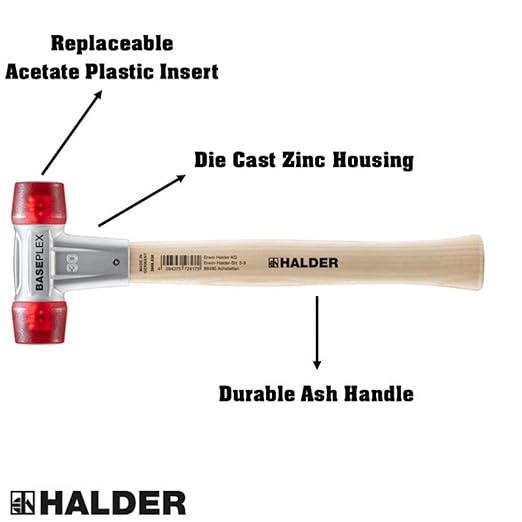Halder 3906.030 Baseplex .8 lb. Mallet with Red Cellulose Acetate Inserts on Both Sides, Zinc Die Cast Housing, and Wood Handle