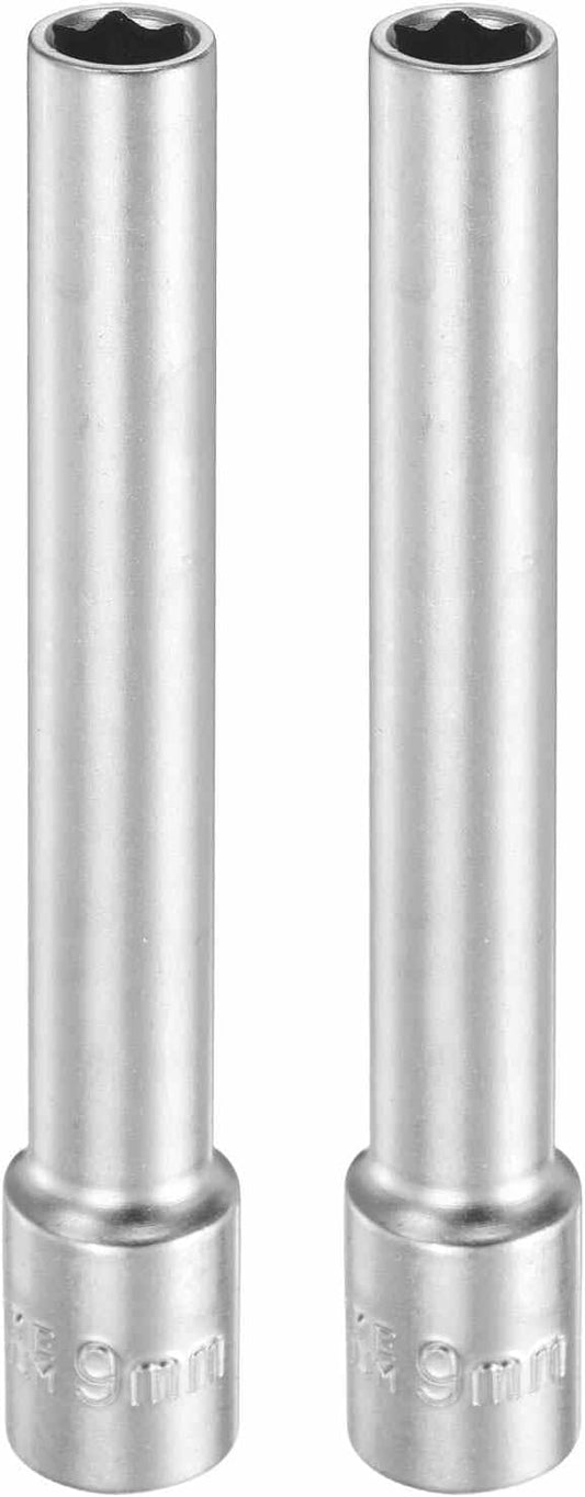 HARFINGTON 2pcs 6 Points Deep Socket 3/8" Drive 9mm Deep Metric CR-V Steel Polished Nickel Plating Flip Sleeve 120mm / 4.7" Extra Long Socket Tool for Home Auto Nuts Bolts Repair