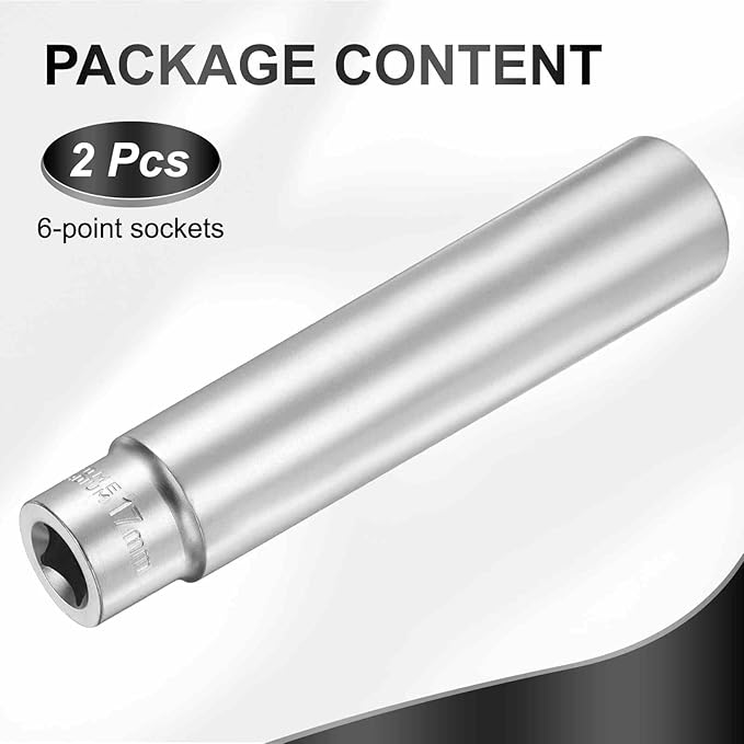 HARFINGTON 2pcs 6 Points Deep Socket 3/8" Drive 17mm Deep Metric CR-V Steel Polished Nickel Plating Flip Sleeve 120mm / 4.7" Extra Long Socket Tool for Home Auto Nuts Bolts Repair