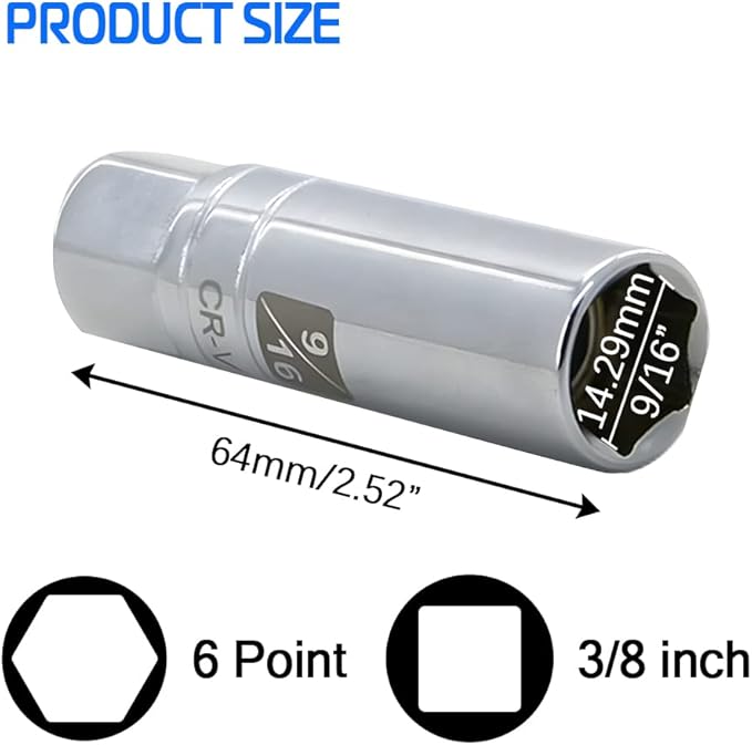 9/16-inch Magnetic Spark Plug Socket 3/8-inch Drive 6-Point Powerful Magnet Retains Spark Plugs Chrome Vanadium Steel