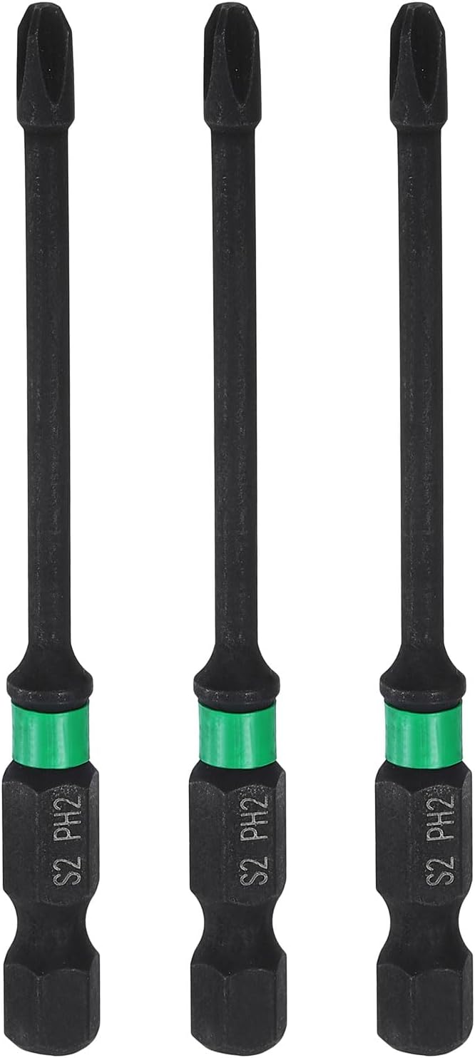 HARFINGTON 3pcs #2 Impact Phillips Screwdriver Bit PH2 1/4" Hex Shank 3" (75mm) Long 0.12" Rod Magnetic Cross Head Drill Bits S2 Steel Industrial Screw Driver for Impact Power Drivers