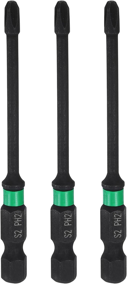 HARFINGTON 3pcs #2 Impact Phillips Screwdriver Bit PH2 1/4" Hex Shank 3" (75mm) Long 0.12" Rod Magnetic Cross Head Drill Bits S2 Steel Industrial Screw Driver for Impact Power Drivers