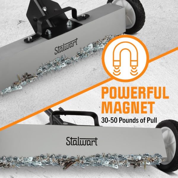 Magnetic Sweeper with Wheels - 24-Inch Rolling Nail Magnet Tool - Magnetic Pickup Tool with Adjustable Handle and 30 to 50-Pound Capacity by Stalwart