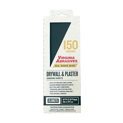 Virginia Abrasives Very Fine 150-Grit Drywall & Plaster Sheet Sandpaper, 4.18 x 11.25 Inch, 25 Sheets