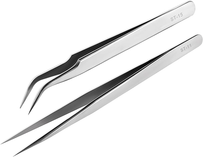 Ainiv Precision Tweezers Set, 2 Pcs Stainless Straight Curved Tweezers, Non-Magnetic Industrial Tweezers, for Craft, Electronics, Soldering, Medical and Experimental Work, Jewelry