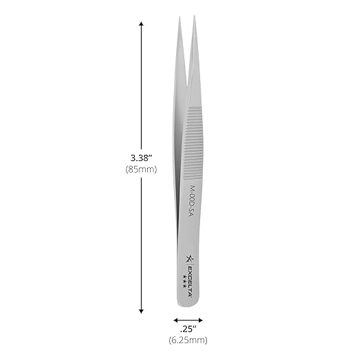 Excelta M-00D-SA Miniature Straight Medium Pointed Tweezer, Serrated Tips and Handle, Neverust Stainless Steel, 3.38" Length, Conductive Surface