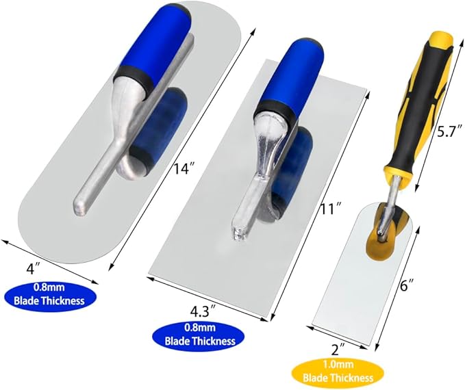 Concrete Tools Set Stainless Steel Flat Finishing Trowel (11" x 4.3") and Pool Trowel (14" x 4") and Margin Trowel (6" x 2") Drywall Cement Plastering Masonry Construction Hand Kit