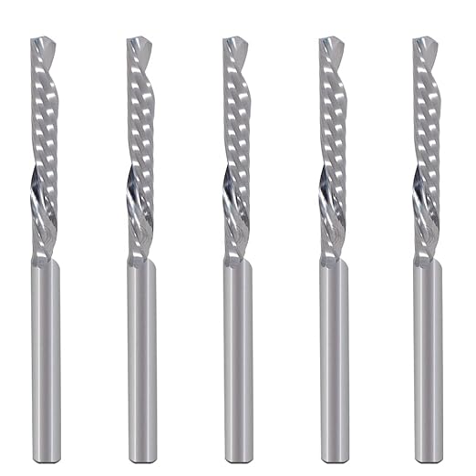 1/8 Inch Down Cut Single Flute (O Flute) Spiral End Mill CNC Router Bits ,with 1/8 Inch Cutting Dia竊? Inch Cutting Length for Acrylic PVC MDF Wood Pack of 5