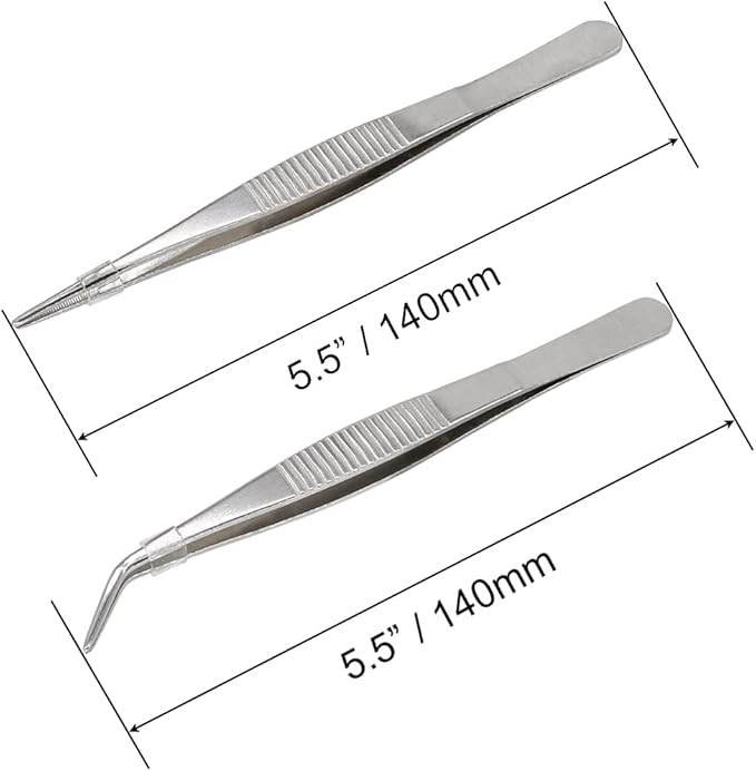 5-1/2 Inch Stainless Steel Tweezers with Straight and Curved Serrated Tip Multipurpose Forceps for Craft Repairing 2 Pack
