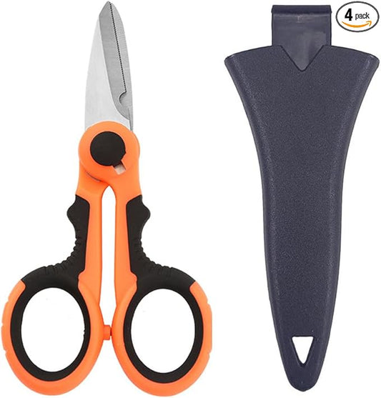 tooloflife Portable Stainless Steel Scissors Anti-Slip Serrated Edge Scissors Saltwater Freshwater Braid Scissors with Plastic Belt Case Sheath Kit for Fishing Outdoor and DIY (Orange Scissor)