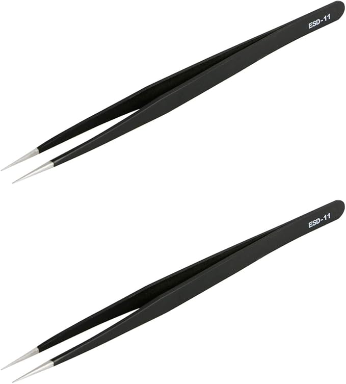Aoje-Link ESD-11 Professional Anti-Static Precision Technology Tweezers, Non-magnetic Fine Tip Straight, Stainless Steel Plastic Coated, Full Length 142mm, Black, 2pcs