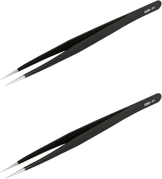 Aoje-Link ESD-11 Professional Anti-Static Precision Technology Tweezers, Non-magnetic Fine Tip Straight, Stainless Steel Plastic Coated, Full Length 142mm, Black, 2pcs