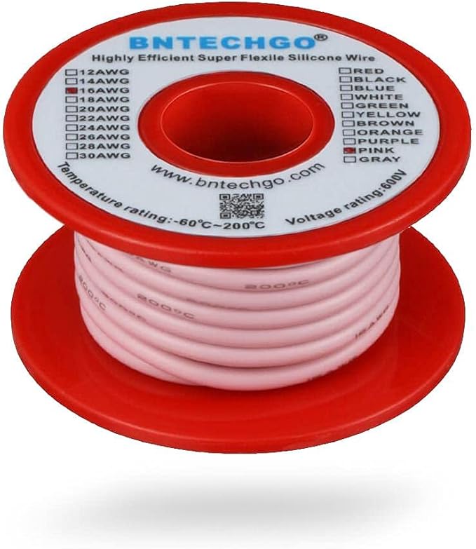 BNTECHGO 16 Gauge Silicone Wire Spool 25 ft Pink Flexible 16 AWG Stranded Tinned Copper Wire