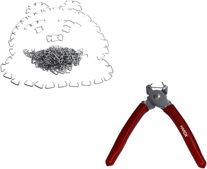 HARDK Hog Ring Pliers Set Straight, 300 PCS Galvanized Hog Rings - Perfect for Furniture Upholstery, Auto Upholstery, Plastic Meat & Sausage Casings