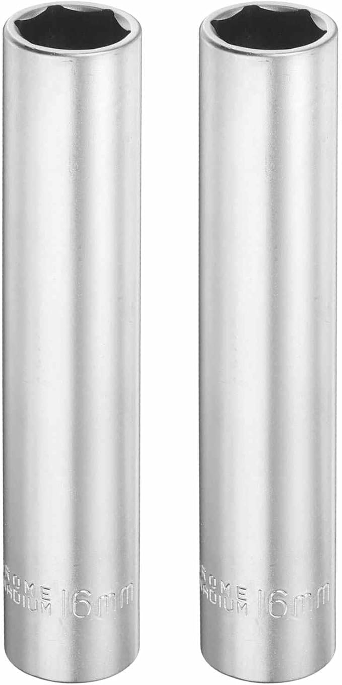 HARFINGTON 2pcs 6 Points Deep Socket 1/2" Drive 16mm Deep Metric CR-V Steel Polished Nickel Plating Flip Sleeve 120mm / 4.7" Extra Long Socket Tool for Home Auto Nuts Bolts Repair