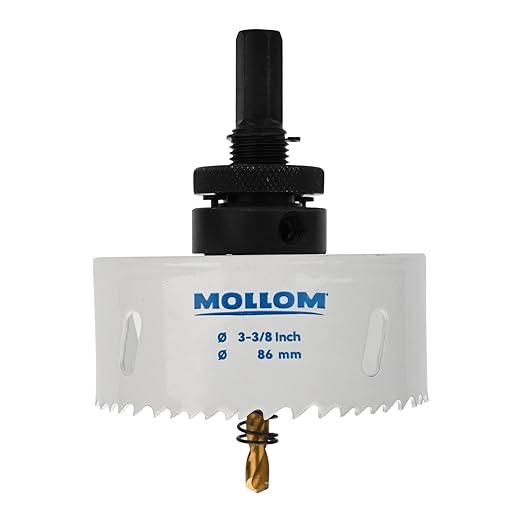 Mollom (86mm | 3-3/8") HSS M42 with 8% Cobalt BI-Metal Hole Saw with 2 Pilot Drill Bits & Arbor Smooth Cutting for PVC,Drywall,Wood,Plastic,Gypsum Board,Rubber