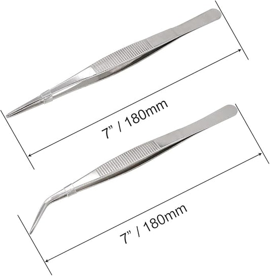 7 Inch Stainless Steel Tweezers with Straight and Curved Serrated Tip Multipurpose Forceps for Craft Repairing 2 Pack