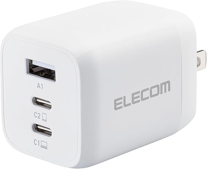 ELECOM 65W USB C Wall Charger Block, 3 Multi Port GaN II Fast Charging, Light Compact Power Adapter for Multiple Devices, iPhone, Laptop, Tablet, iPad, Airpods, Watch, Speakers, Samsung (White)