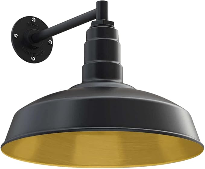 Steel Lighting Co. | Dusk to Dawn | Gardena Barn Light | Outdoor Wall Mounted | 16" Dome | 11" Straight Arm | Farmhouse Light Made in America | Matte Black Exterior/Brass Interior