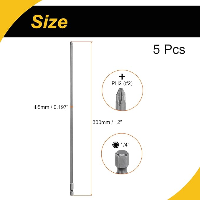5 Pcs Magnetic Phillips Screwdriver Bit PH2 1/4" Hex Shank 300mm Long 5mm Rod