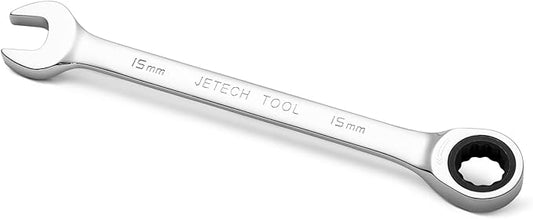 Jetech 15mm Ratcheting Combination Wrench, Industrial Grade Gear Spanner with 12-Point 72-Tooth Ratchet, Forged and Heat-Treated Cr-V Steel, Metric