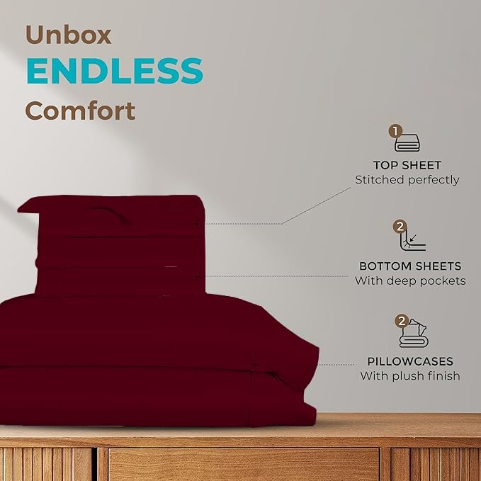 Split King Sheets for Adjustable Beds 5-Piece Split King Sheet Set, 800 Thread Count 100% Egyptian Cotton,15" Deep Pocket Adjustable Bed Sheets, Burgundy Solid