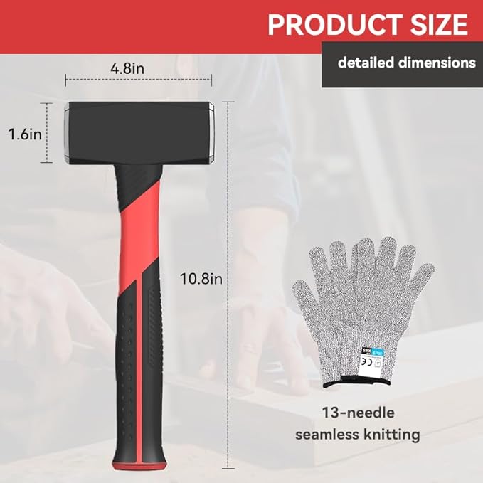2.2lb Sledge and Club Hammer with Work Gloves, Mini Sledge Drilling Hammer Shock-Resistant Non-Slip Fiberglass Handle Construction and Demolition