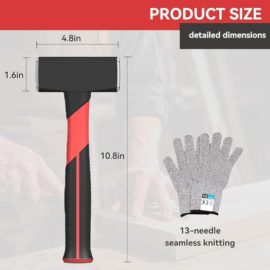 2.2lb Sledge and Club Hammer with Work Gloves, Mini Sledge Drilling Hammer Shock-Resistant Non-Slip Fiberglass Handle Construction and Demolition