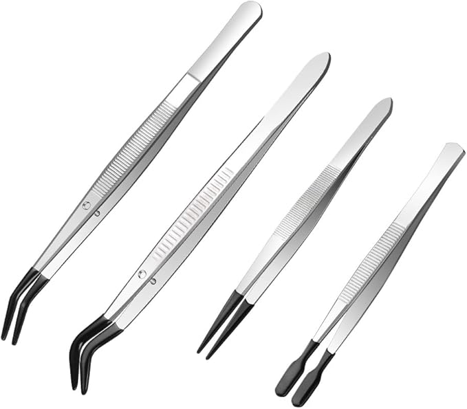 Ainiv 4pcs Tweezers with Rubber Tips, PVC Coated Tweezers Set, Rubber Straight/Flat/Long Curved Tips Non Marring Tweezers for Jewelry Crystals Bead, Crafts Making, Lab Stainless Steel Tweezer Tool