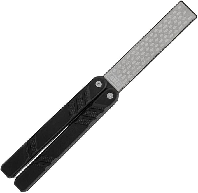 Max Edge Black Sharpener | 5 3/8" Compact Folded Size | Diamond-Coated Sharpening Surface | Textured Handle for Grip | Dual-Grit 400/1000 Stone | 9 1/8" Overall Length When Open