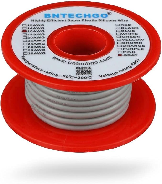 BNTECHGO 16 Gauge Silicone Wire Spool 25 ft Gray Flexible 16 AWG Stranded Tinned Copper Wire