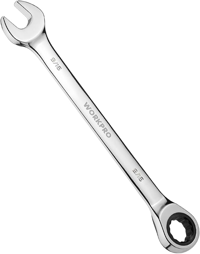WORKPRO 9/16" Ratcheting Combination Wrench SAE, CR-V Constructed with Mirror Polish Chrome Plating, 12-Point Design, 15-Degree Offset