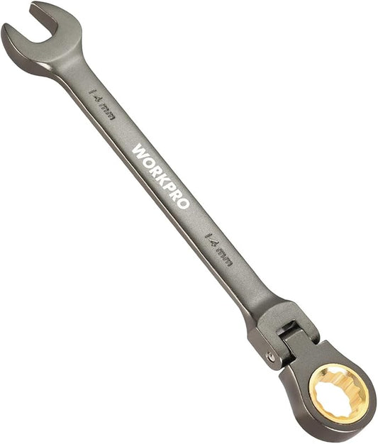 WORKPRO 14 mm Flex-Head Ratcheting Combination Wrench, Cr-V Constructed, Nickel Plating, 72-Teeth, 12 Point Design, Metric
