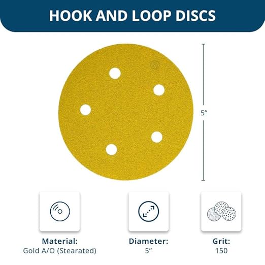 Benchmark Abrasives 5 Inch Sanding Discs Hook and Loop, Aluminum Oxide Stearated Gold 5 Holes Adhesive Sandpaper for Surface Blending, Automotive - Orbital Sander Sandpaper (50 Discs), 150 Grit