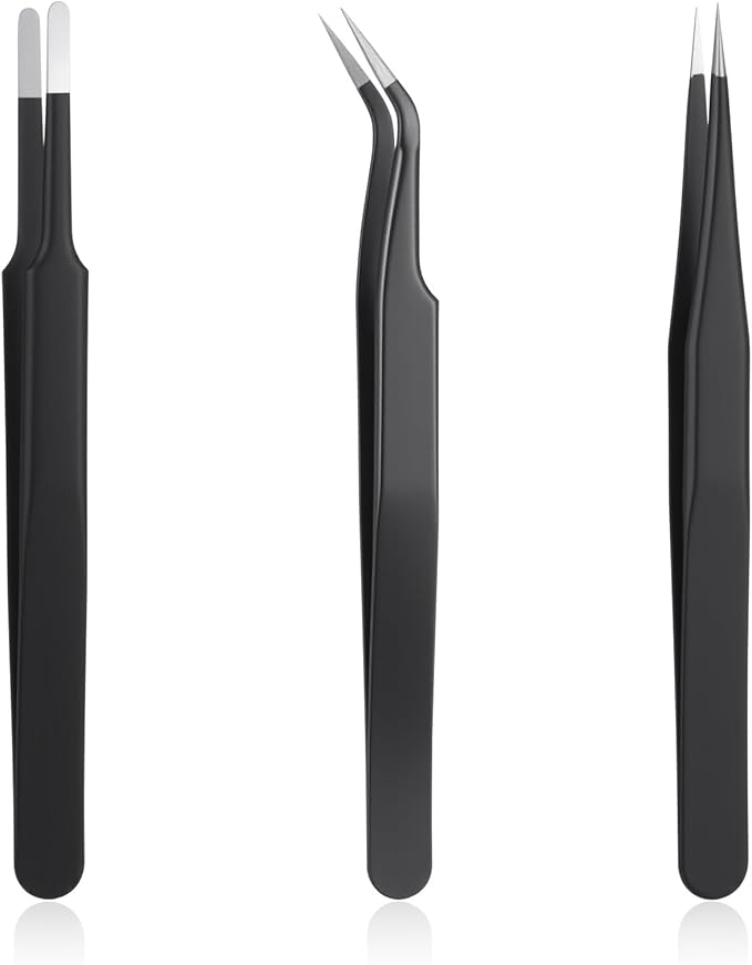 3Pcs Needle Nose Tweezers Set, Stainless Steel Fine Point Tweezers, Precision Anti Static ESD Safe, Curved Needle Nose Tweezer for Electronics Repair, Model Building, Craft, Jewelry, Laboratory Work