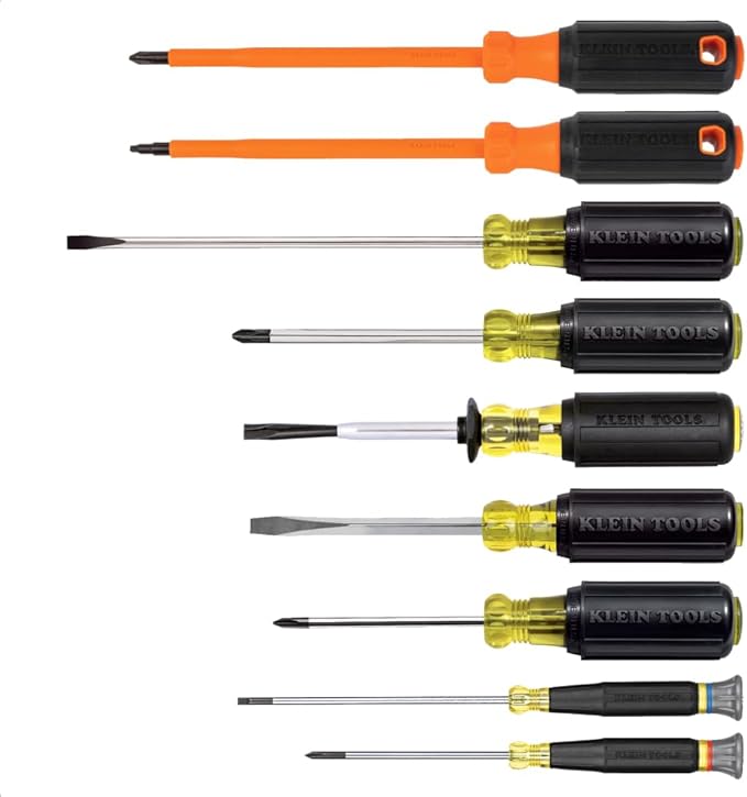 Klein Tools 85850 9-Piece Electrician Tool Set with (3) Phillips, (3) Slotted Drivers, (1) Screw-Holding Driver, (2) Insulated Drivers - Phillips and Square, Cushion-Grip Handle