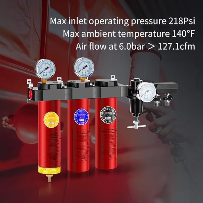 NANPU ZPA-R 3-Stage Air Filtration System with Regulator ??Sintered, Fine & Activated Carbon Filters, 3/4" NPT Inlet, 1/4" NPT Outlet, 127 CFM, 218 PSI Max, Metal Housing, Auto Drain