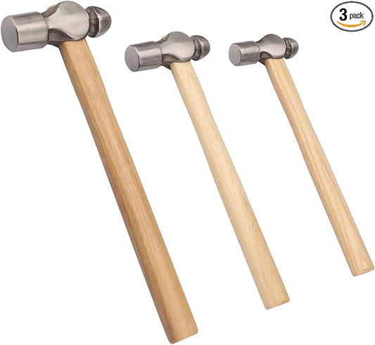 3 Pack Ball Peen Hammer with Wooden Handle, 16 oz, 24 oz, 32 oz Ball Pein Hammer with Wooden Handle for Mechanics and Jewelry-Making, Metal working, Hardware, Manufacturing