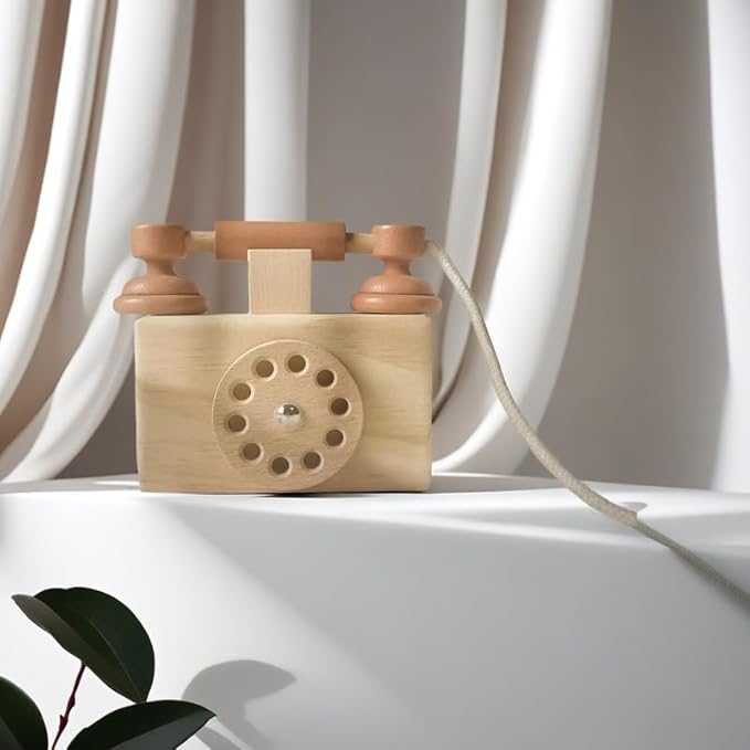 Ring Ring Telephone - Solid Wood Retro Chorded Dial Phone -1 pcs Toy Telephone-Pretend Play Toy Telephone -Role-Playing - Boost Communication Skills and Language Development - Age 3+ (1)